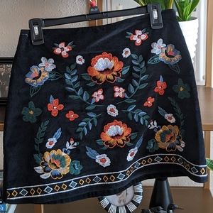 Black Embroidered Suede Mini Skirt